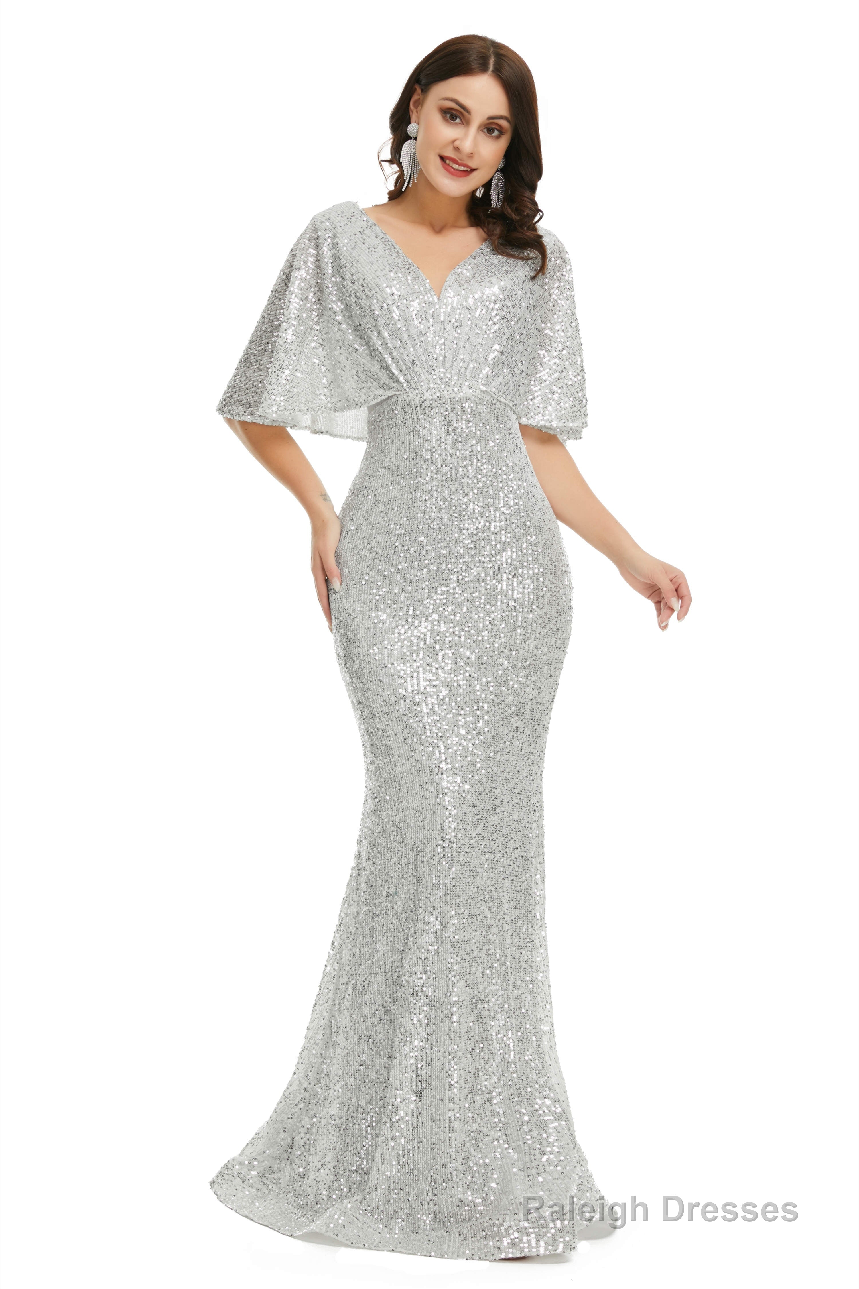 Sequins Mermaid Cape Sleeves V Neck Prom Dresses