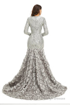 Sequins Mermaid Long V Neck Prom Dresses Full Sleeve