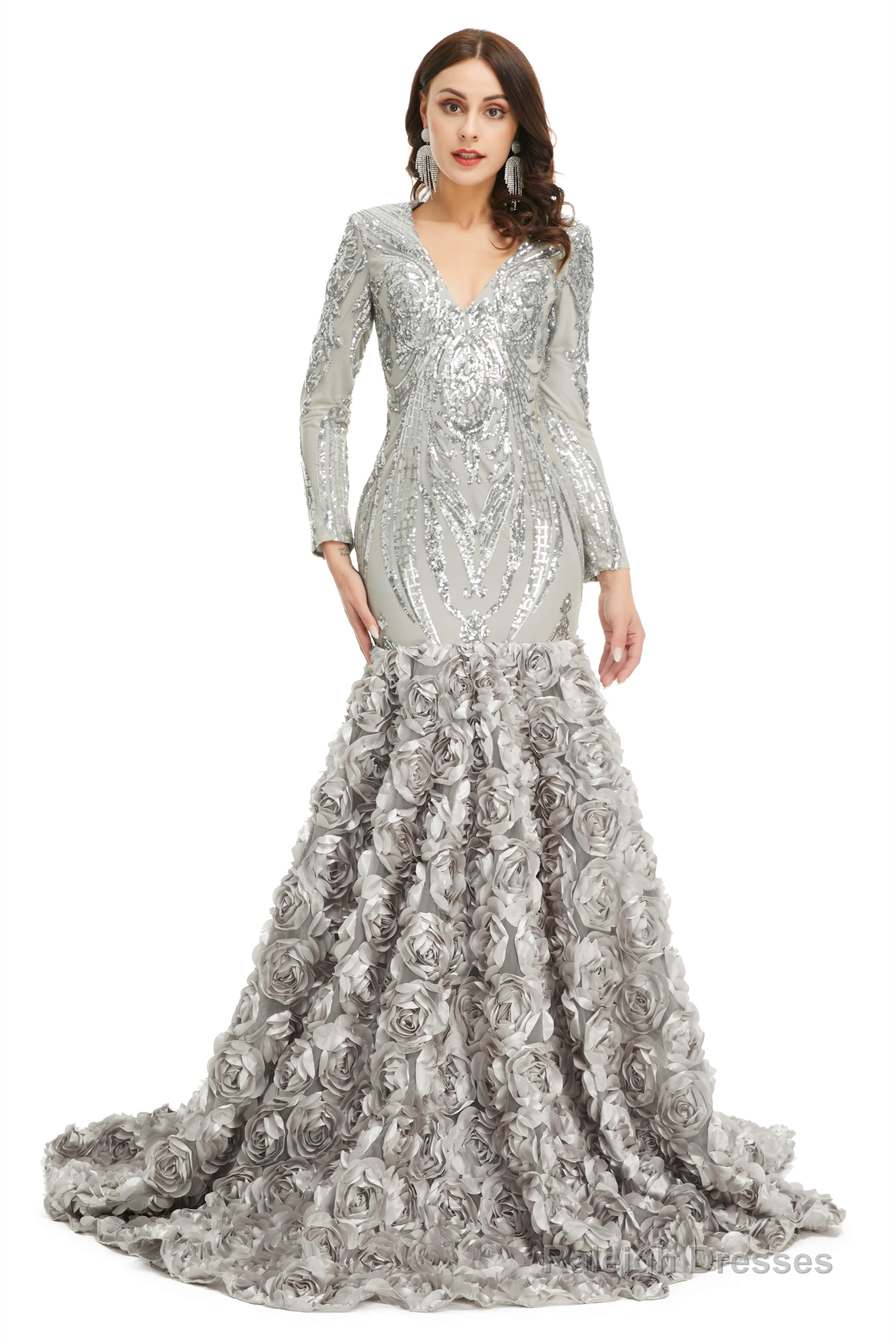 Sequins Mermaid Long V Neck Prom Dresses Full Sleeve