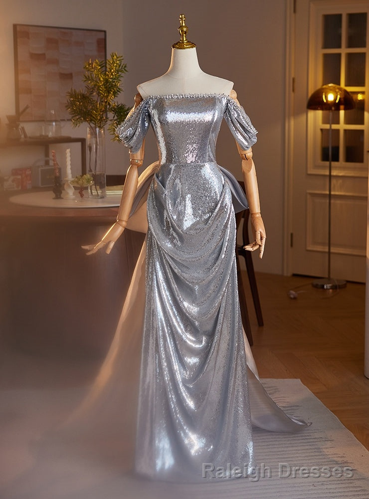 Silver Sequins Off the Shoulder Pleats Beading Prom Dress Main image