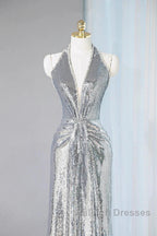 Silver Sequins Sheath V-Neck Long Prom Dress Shiny Evening Dress