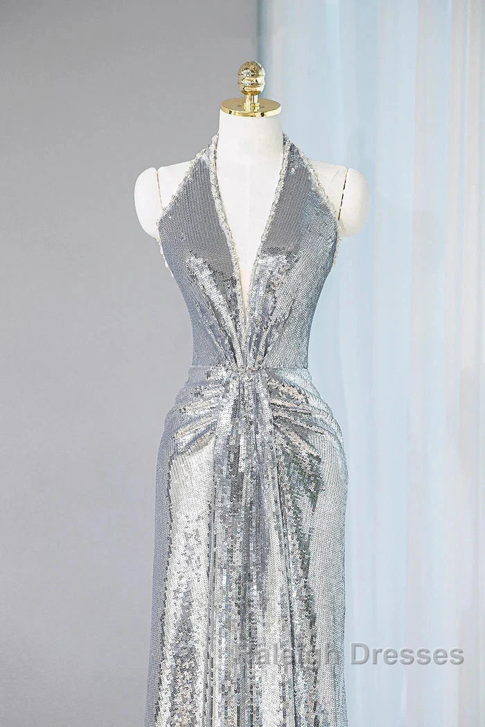 Silver Sequins Sheath V-Neck Long Prom Dress Shiny Evening Dress