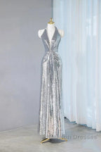 Silver Sequins Sheath V-Neck Long Prom Dress Shiny Evening Dress