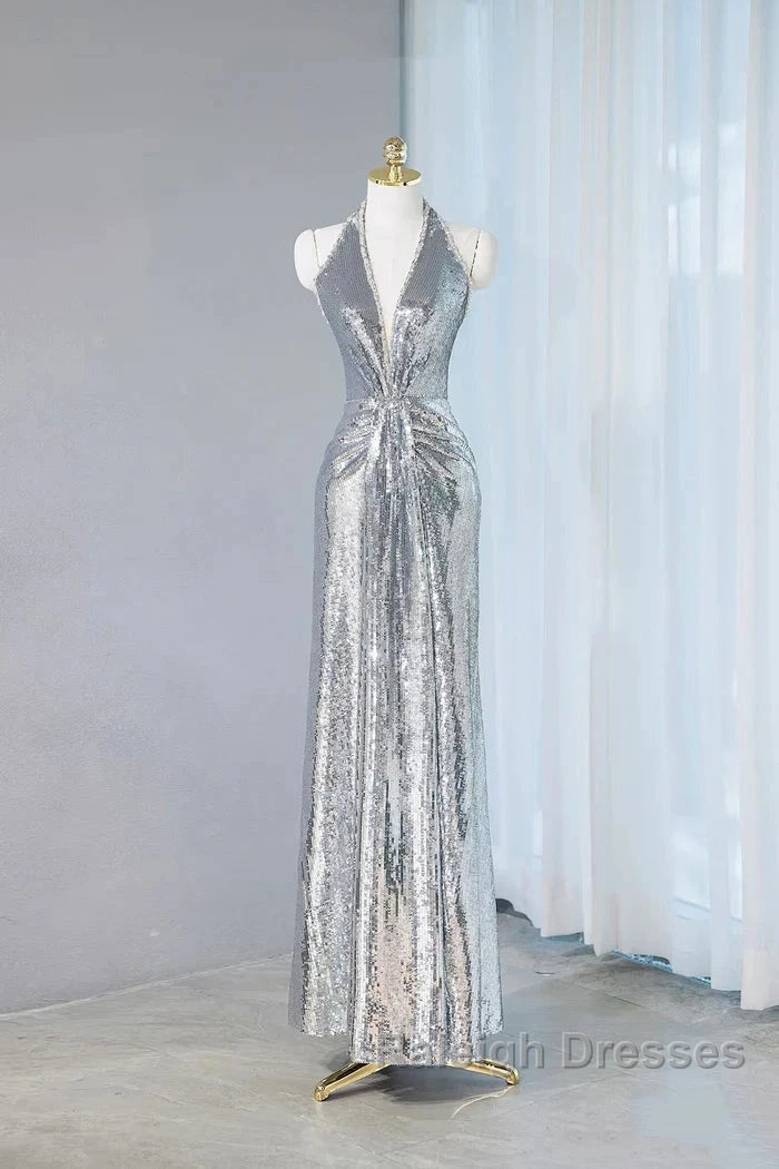 Silver Sequins Sheath V-Neck Long Prom Dress Shiny Evening Dress