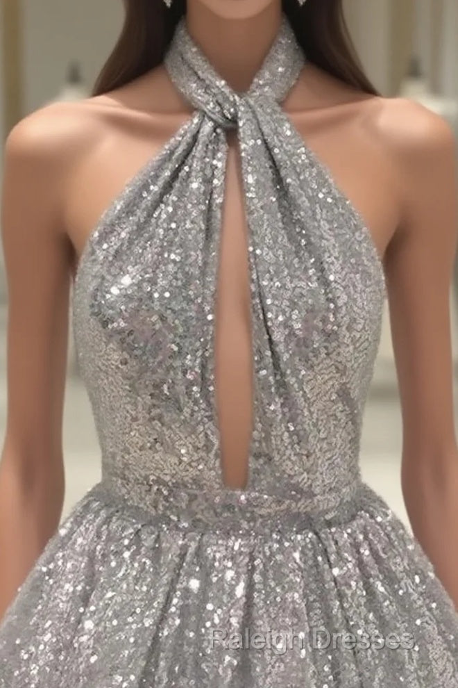 Silver Halter Sequined Backless Short Homecoming Dresses Sparkly Prom Dresses Main image