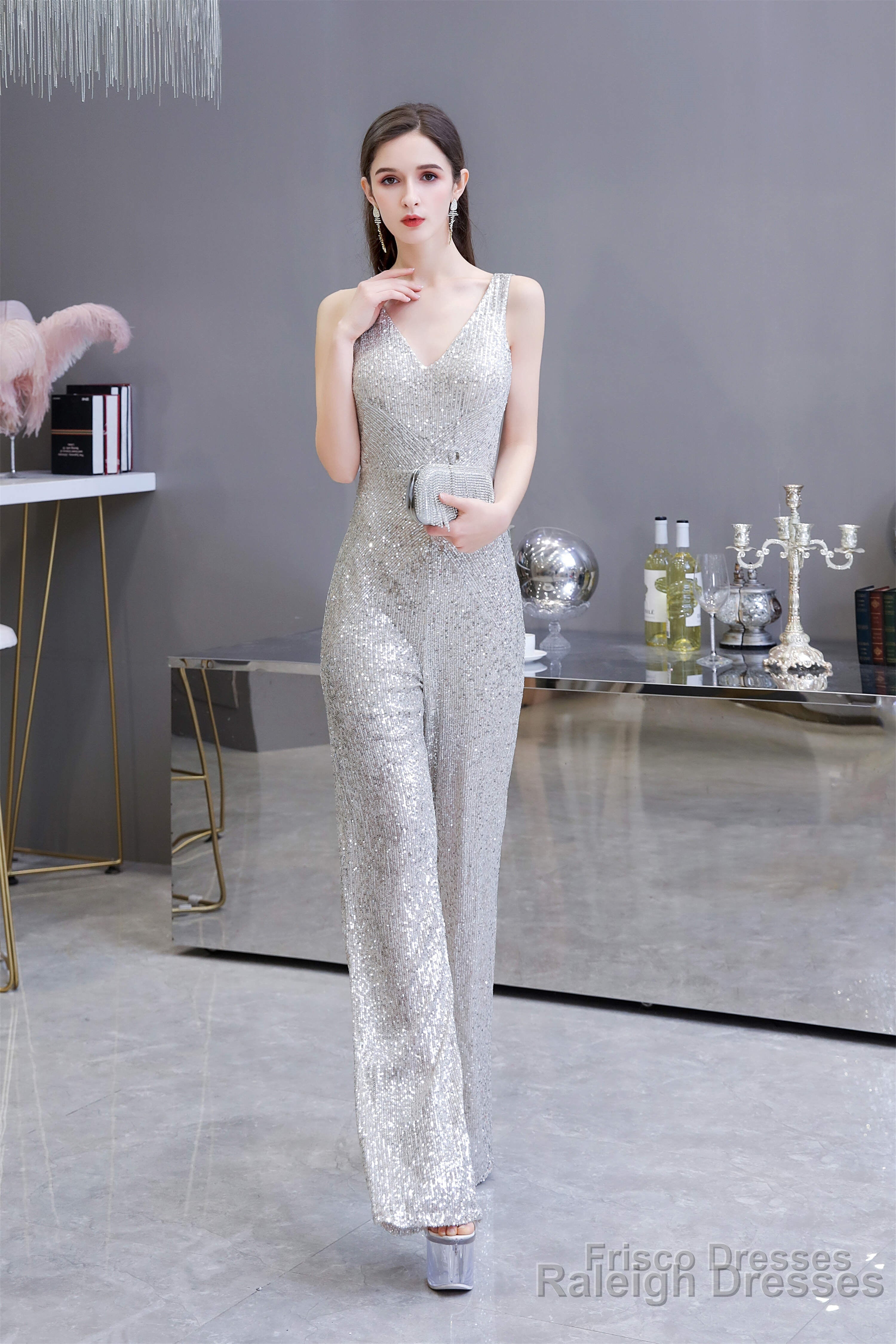 Shining V-neck Sequin Sleeveless Prom Jumpsuit