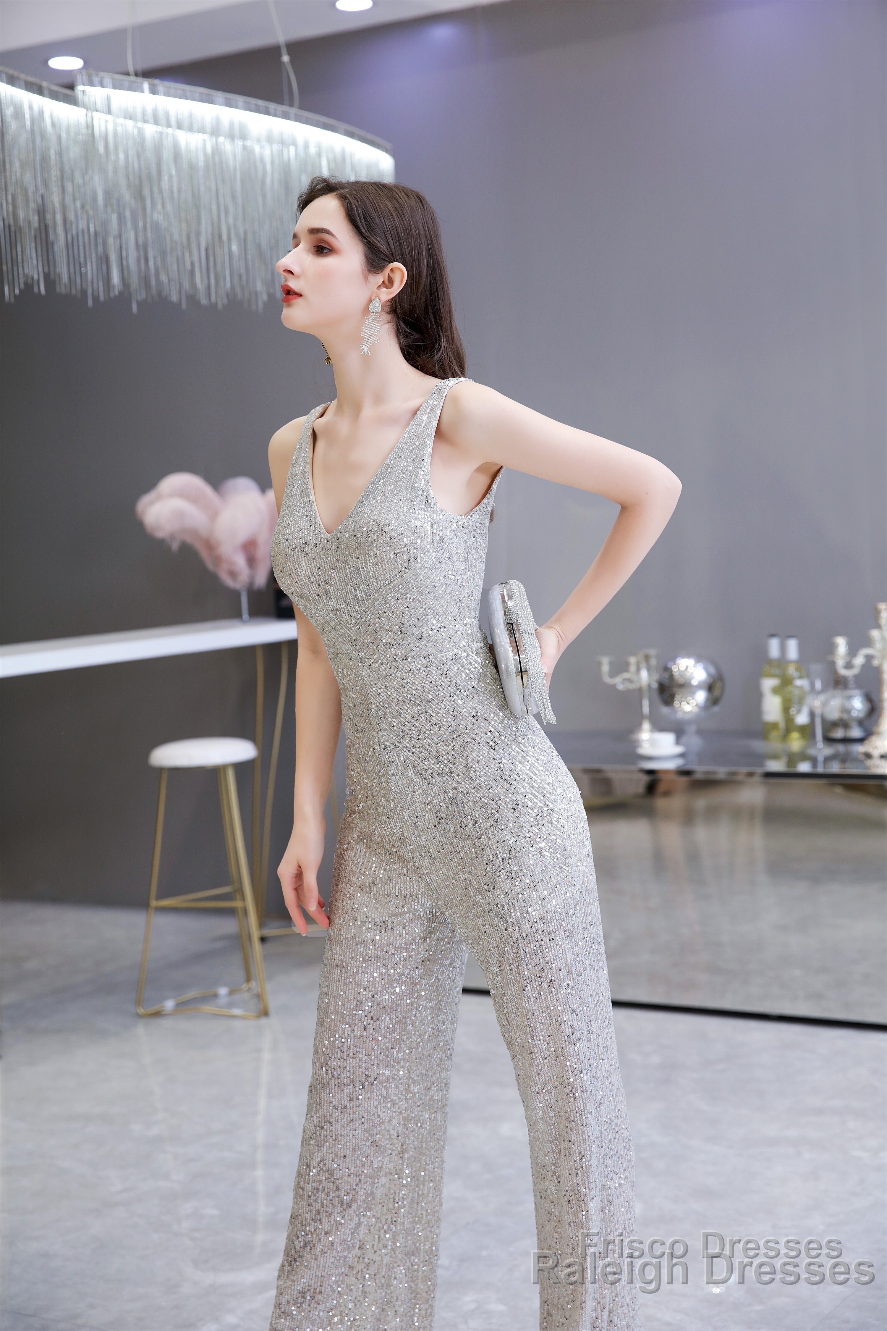 Shining V Neck Sequin Sleeveless Prom Jumpsuit