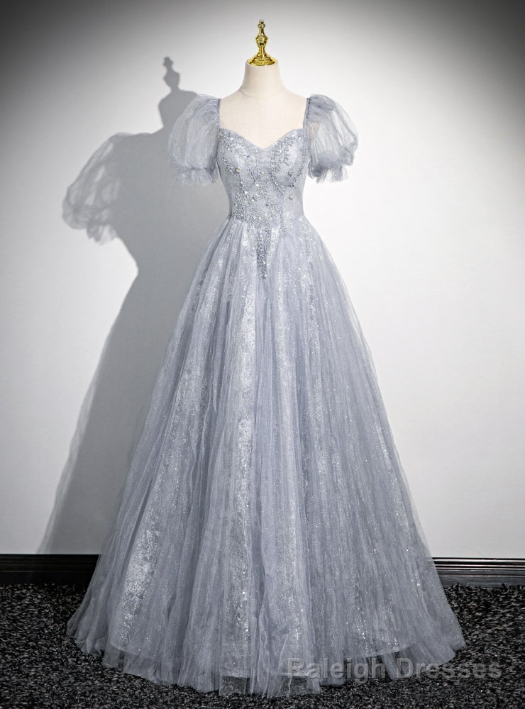 Silver Tulle Sequins Short Sleeve Beading Prom Dress Main image