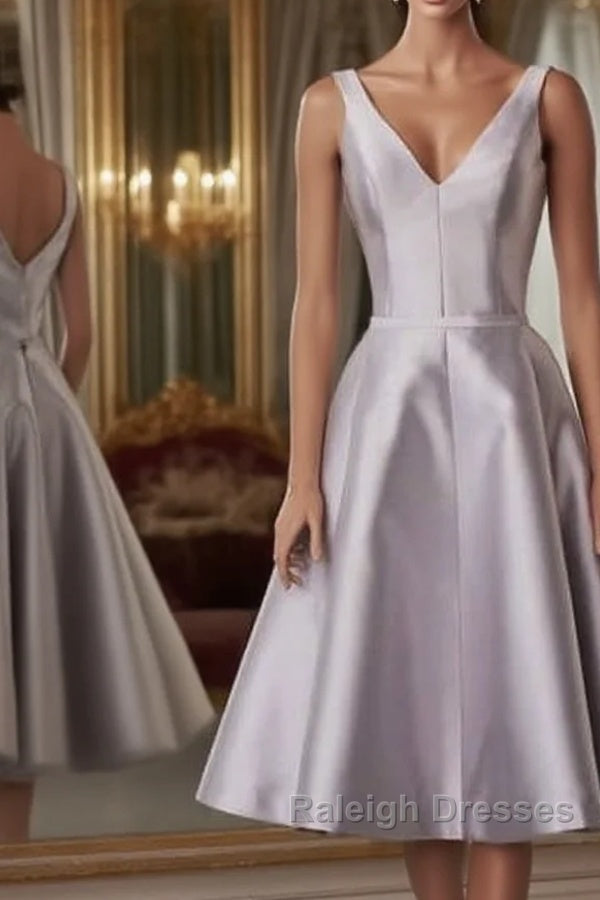 Silver V-Neck Satin Midi Dress