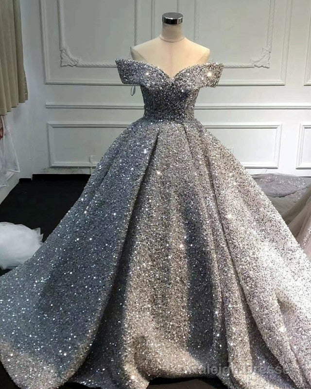 Silver Wedding Dress Sequins Ball Gown Off Shoulder Secondary image