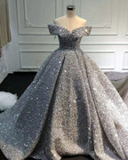 Silver Wedding Dress Sequins Ball Gown Off Shoulder