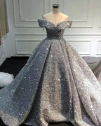 Silver Wedding Dresses Sequins Ball Gowns Off Shoulder