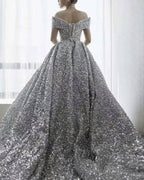 Silver Wedding Dress Sequins Ball Gown Off Shoulder