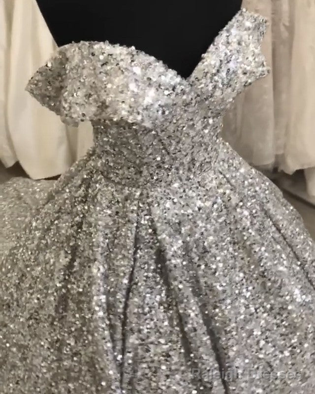 Silver Wedding Dresses Sequins Ball Gowns Off Shoulder