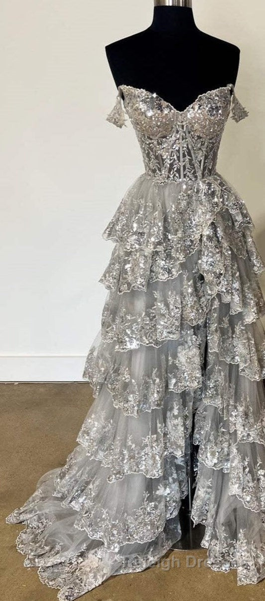 Light Blue Corset Lace Tiered Tulle Long Formal Dress