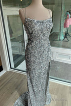 Sparkle Tiffany Blue Sequins Prom Dresses Long with Slit