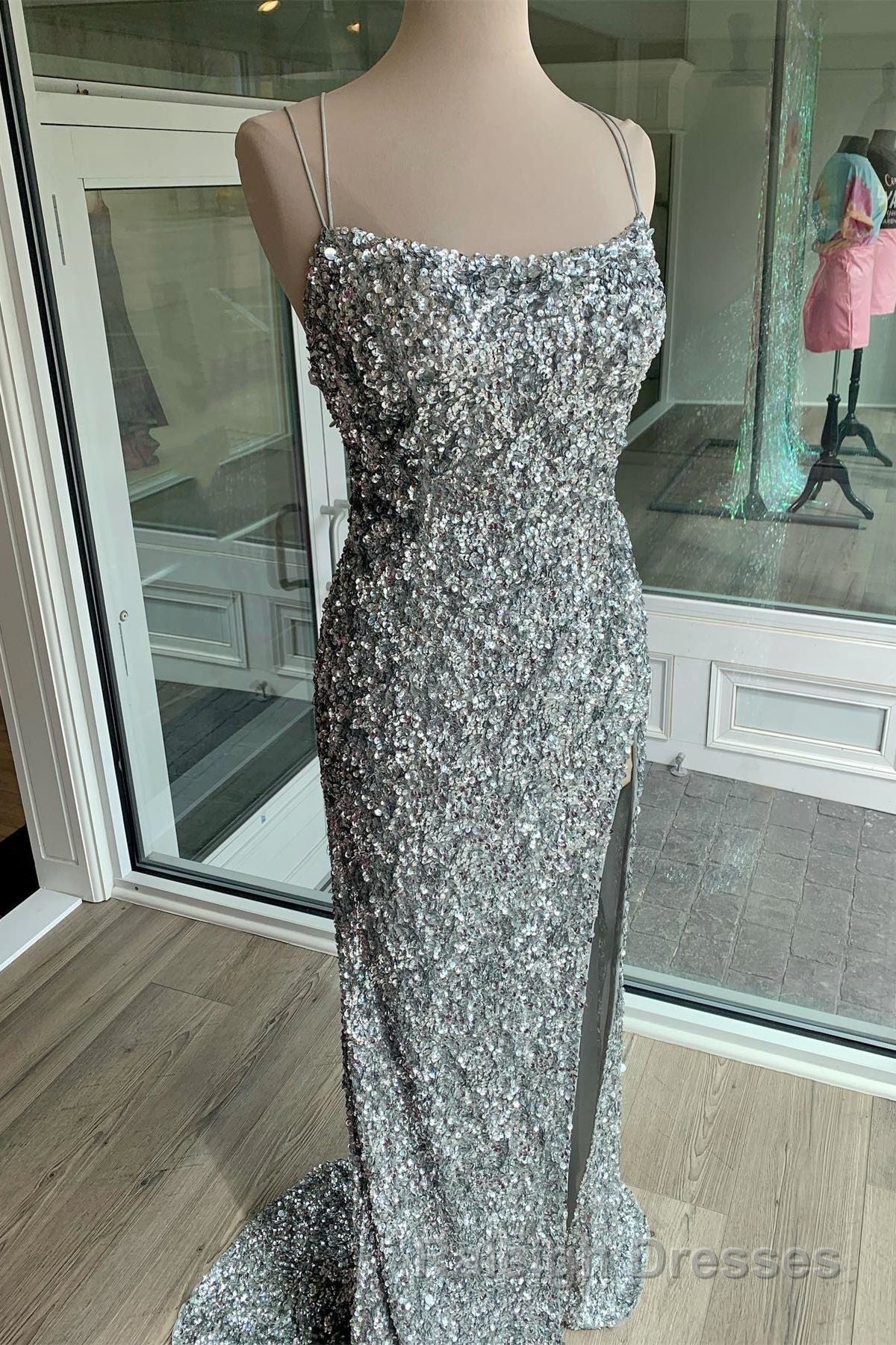 Sparkle Tiffany Blue Sequins Prom Dresses Long with Slit