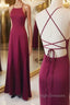 Simple A Line Backless Burgundy Satin Long Prom Dresses, Burgundy Formal Dresses, Burgundy Evening Dresses