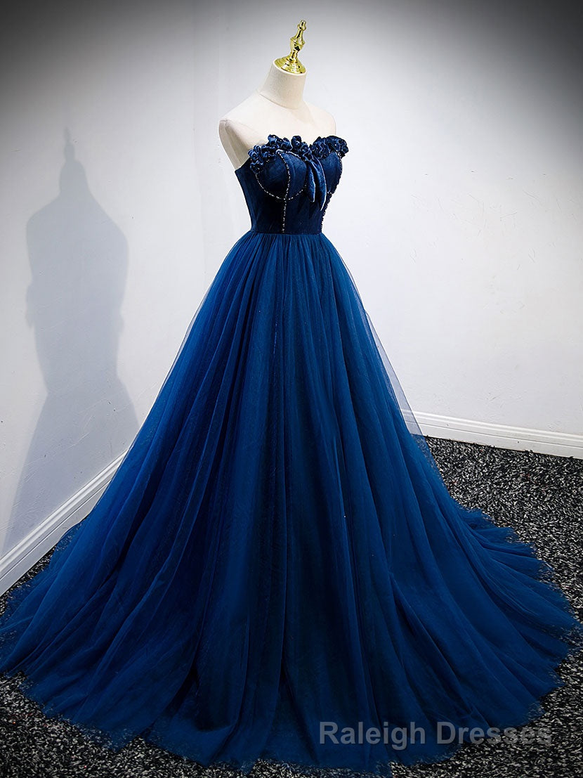 Simple A Line Blue Tulle Long Prom Dress, Blue Tulle Formal Dress