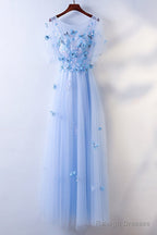 Simple A-Line Blue Tulle With Lace Applique Blue Floor Length Prom Dresses