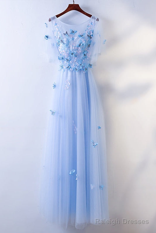 Simple A-Line Blue Tulle With Lace Applique Blue Floor Length Prom Dresses
