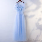 Simple A-Line Blue Tulle With Lace Applique, Blue Floor Length Prom Dress