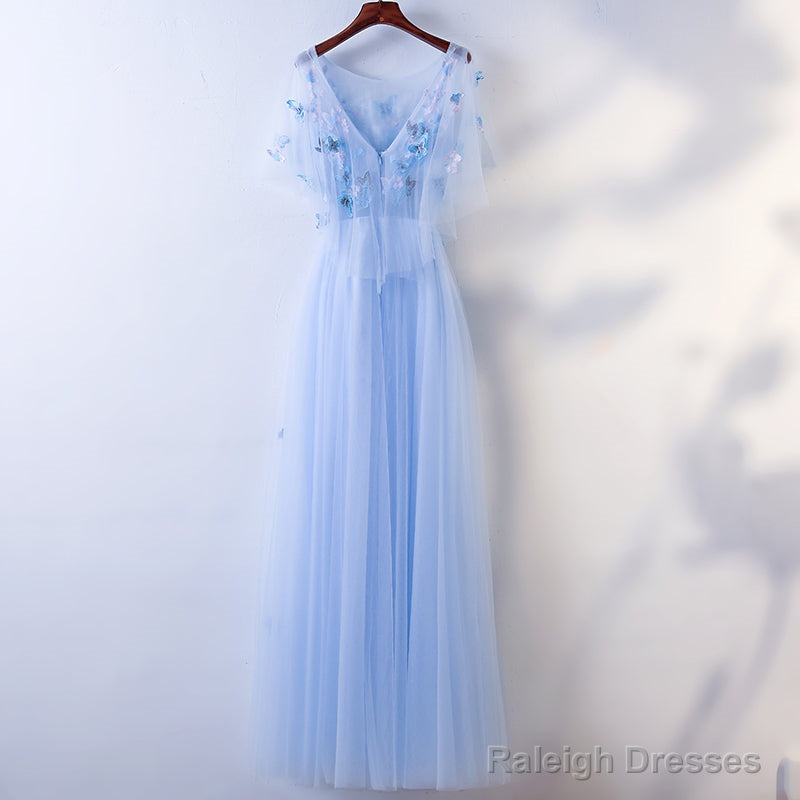 Simple A-Line Blue Tulle With Lace Applique, Blue Floor Length Prom Dress