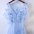 Simple A-Line Blue Tulle With Lace Applique Blue Floor Length Prom Dresses