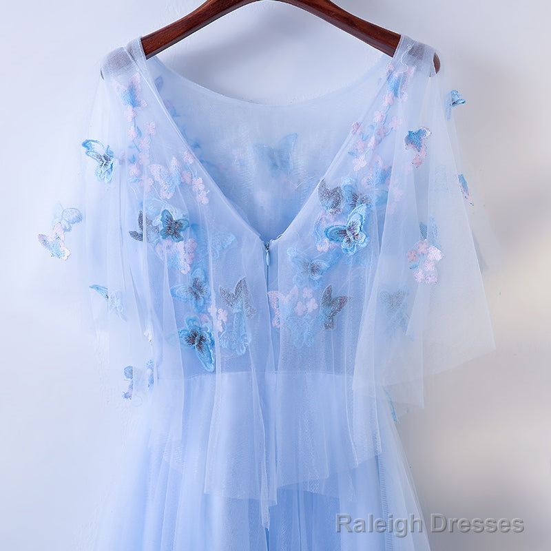 Simple A-Line Blue Tulle With Lace Applique Blue Floor Length Prom Dresses