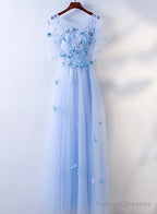 Simple A-Line Blue Tulle With Lace Applique, Blue Floor Length Prom Dress