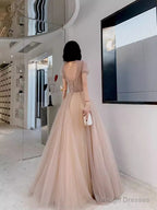 Simple A Line Champagne Tulle Prom Dresses Evening Dress