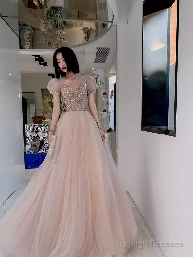 Simple A Line Champagne Tulle Prom Dresses Evening Dress Main image