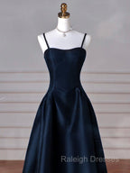 Simple A-Line Dark Blue Satin Long Prom Dress, Dark Blue Long Formal Dress