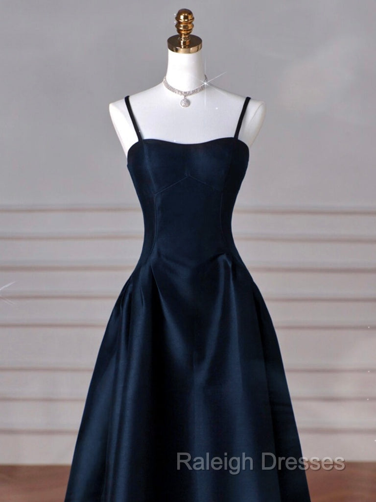 Simple A-Line Dark Blue Satin Long Prom Dress, Dark Blue Long Formal Dress