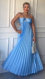 Simple A Line Halter Blue Sleeveless Long Prom Dress Formal Evening Dresses