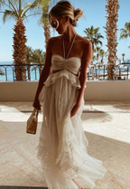 Simple A-Line Halter Tulle Champagne Long Prom Dress
