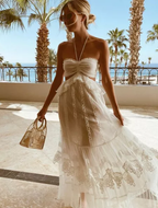 Simple A-Line Halter Tulle Champagne Long Prom Dress