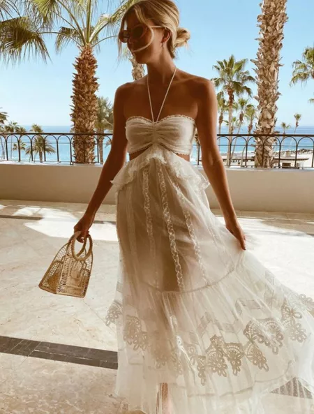 Simple A-Line Halter Tulle Champagne Long Prom Dress