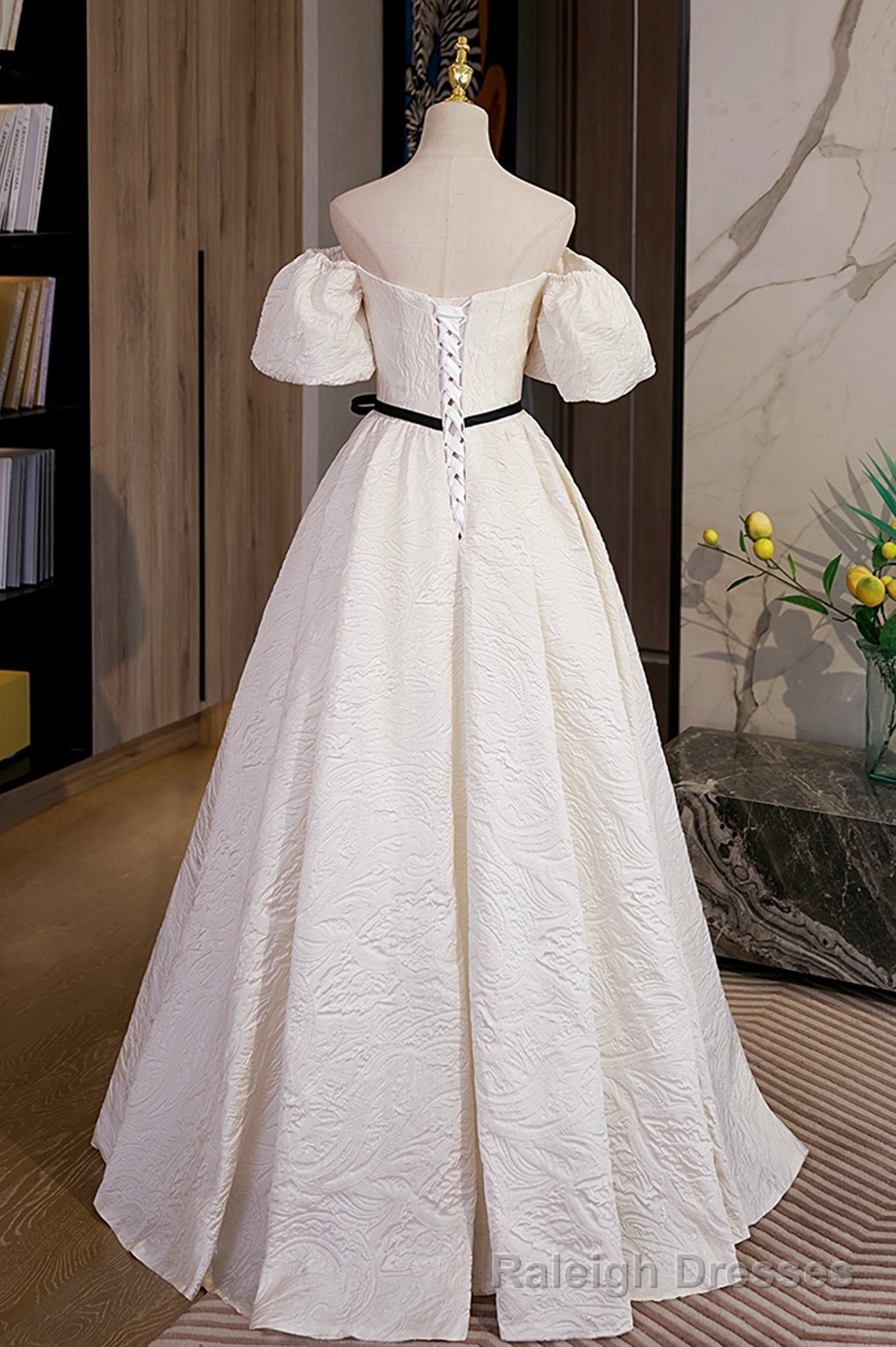 Simple A Line Jacquard Fabric Long Prom Dress, Off the Shoulder Prom Dress