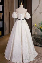 Simple A-Line Jacquard Fabric Long Prom Dress, Off the Shoulder Evening Dress