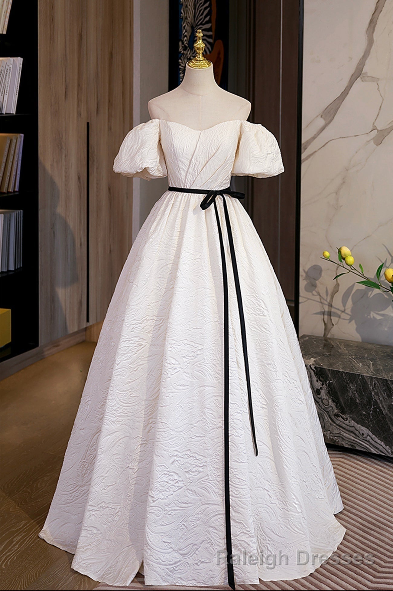Simple A Line Jacquard Fabric Long Prom Dress, Off the Shoulder Prom Dress