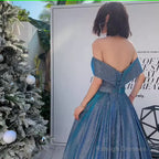 Simple A line Off The Shoulder Blue Prom Dresses Evening Dress