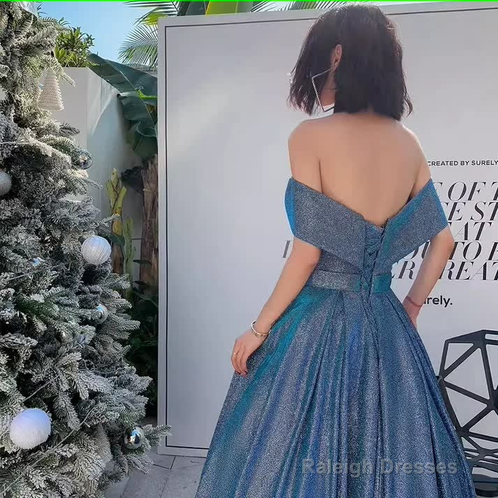 Simple A line Off The Shoulder Blue Prom Dresses Evening Dress