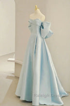 Simple A Line Off The Shoulder Blue Satin Long Prom Dresses