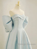 Simple A Line Off The Shoulder Blue Satin Long Prom Dresses