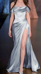 Simple A-Line Off The Shoulder Blue Satin Prom Dress Long Prom Dresses