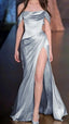 Simple A-Line Off The Shoulder Blue Satin Prom Dress Long Prom Dresses