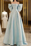 Simple A Line Off The Shoulder Blue Satin Long Prom Dresses
