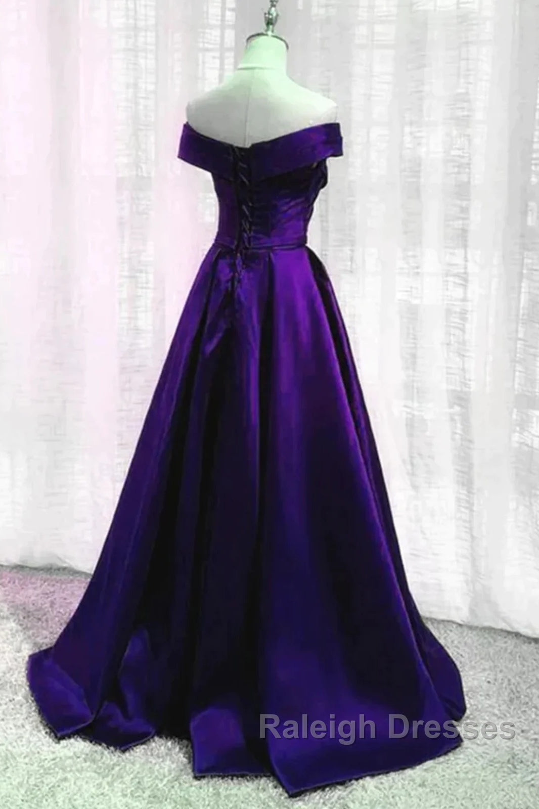 Simple A Line Off The Shoulder Purple Satin Long Prom Dresses Secondary image