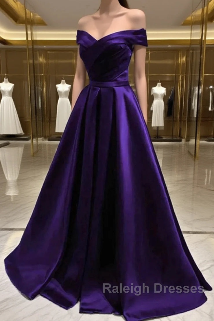 Simple A Line Off The Shoulder Purple Satin Long Prom Dresses Main image